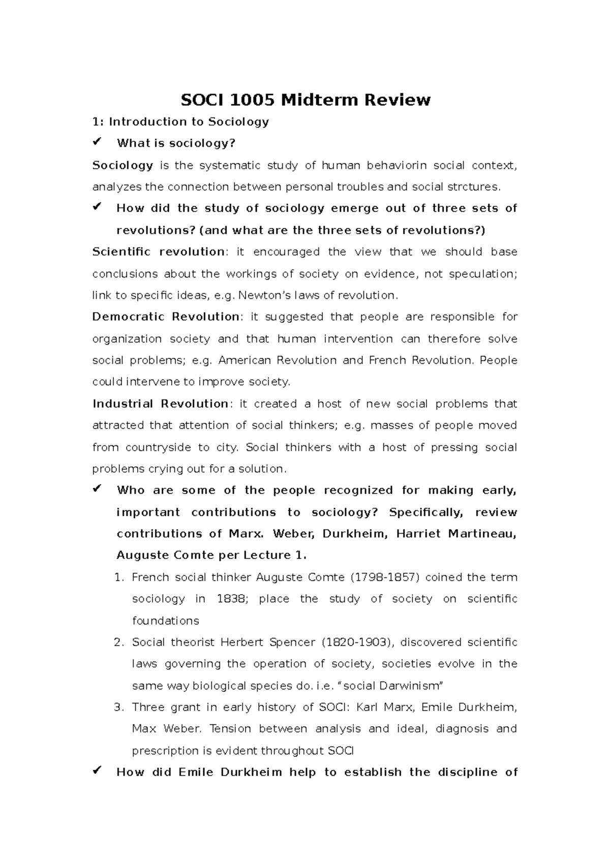 SOCI 1005 Mid Term - Mid Term Review - SOCI 1005 Midterm Review 1 ...