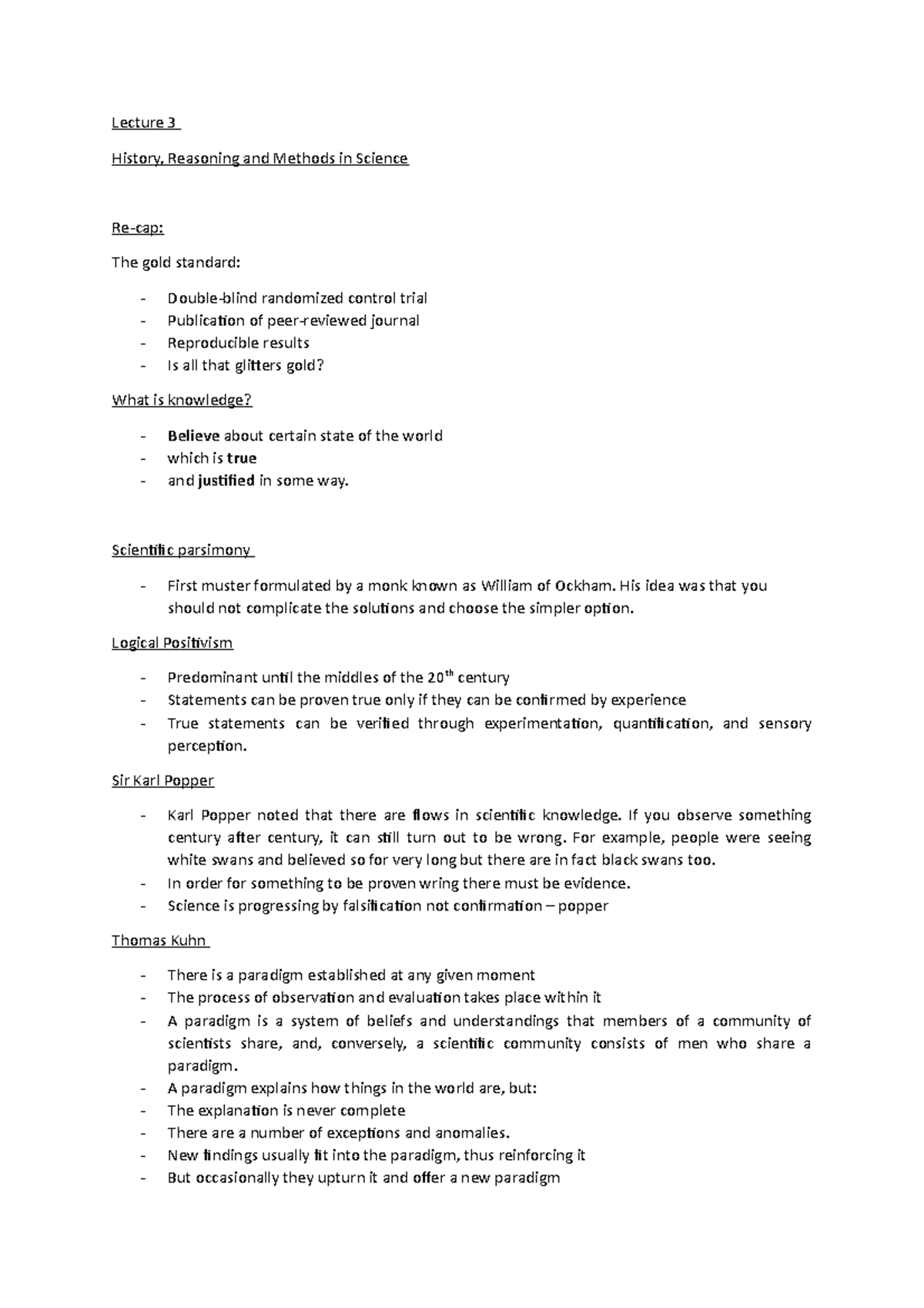 Lecture 3 - Lecture 3 History, Reasoning and Methods in Science Re-cap ...