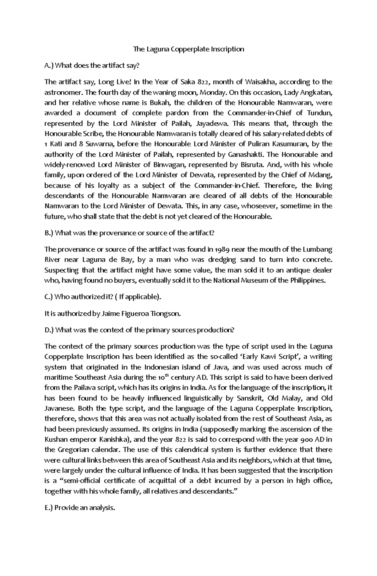 The Laguna Copperplate Inscription History Studocu