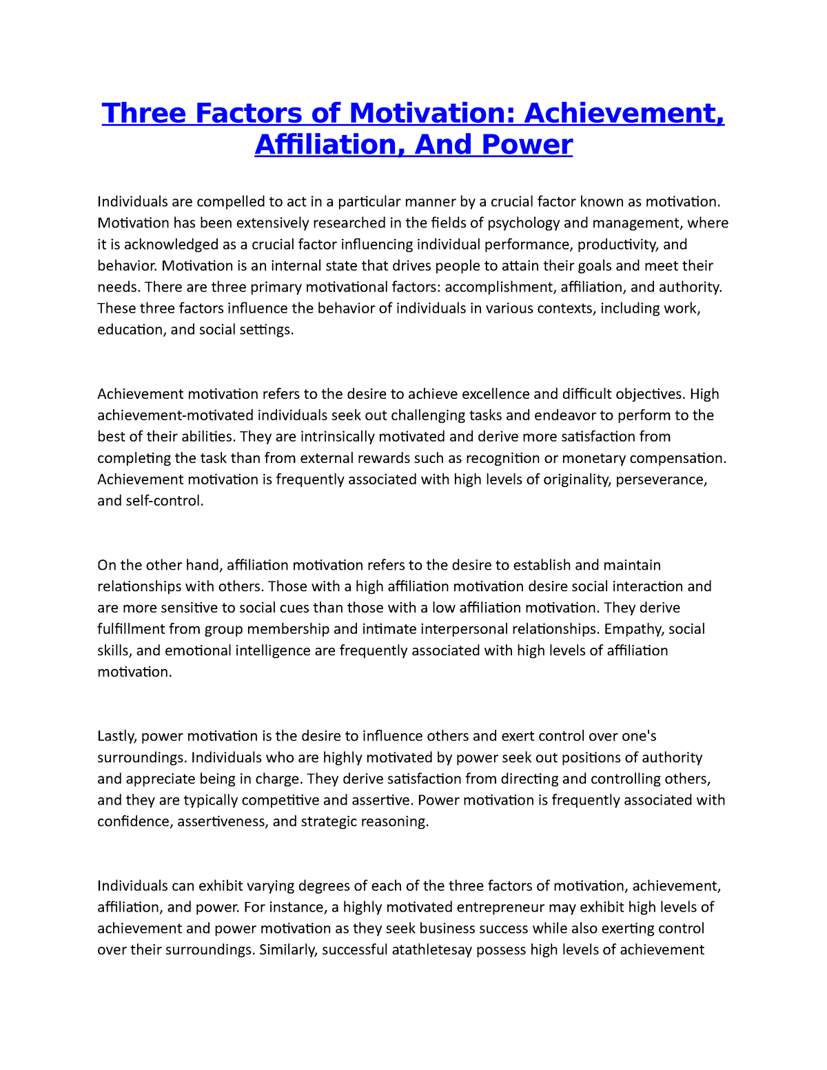 achievement motivation psychology essay