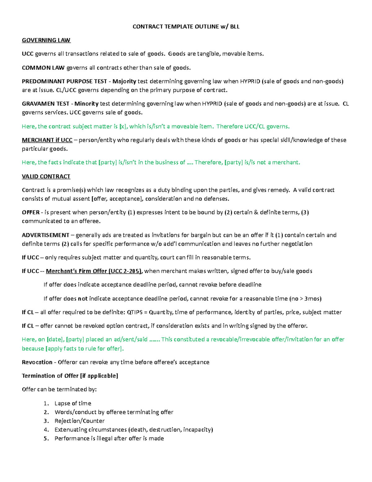 Contracts I S1-S5 Black Letter Rules - CONTRACT TEMPLATE OUTLINE w/ BLL ...