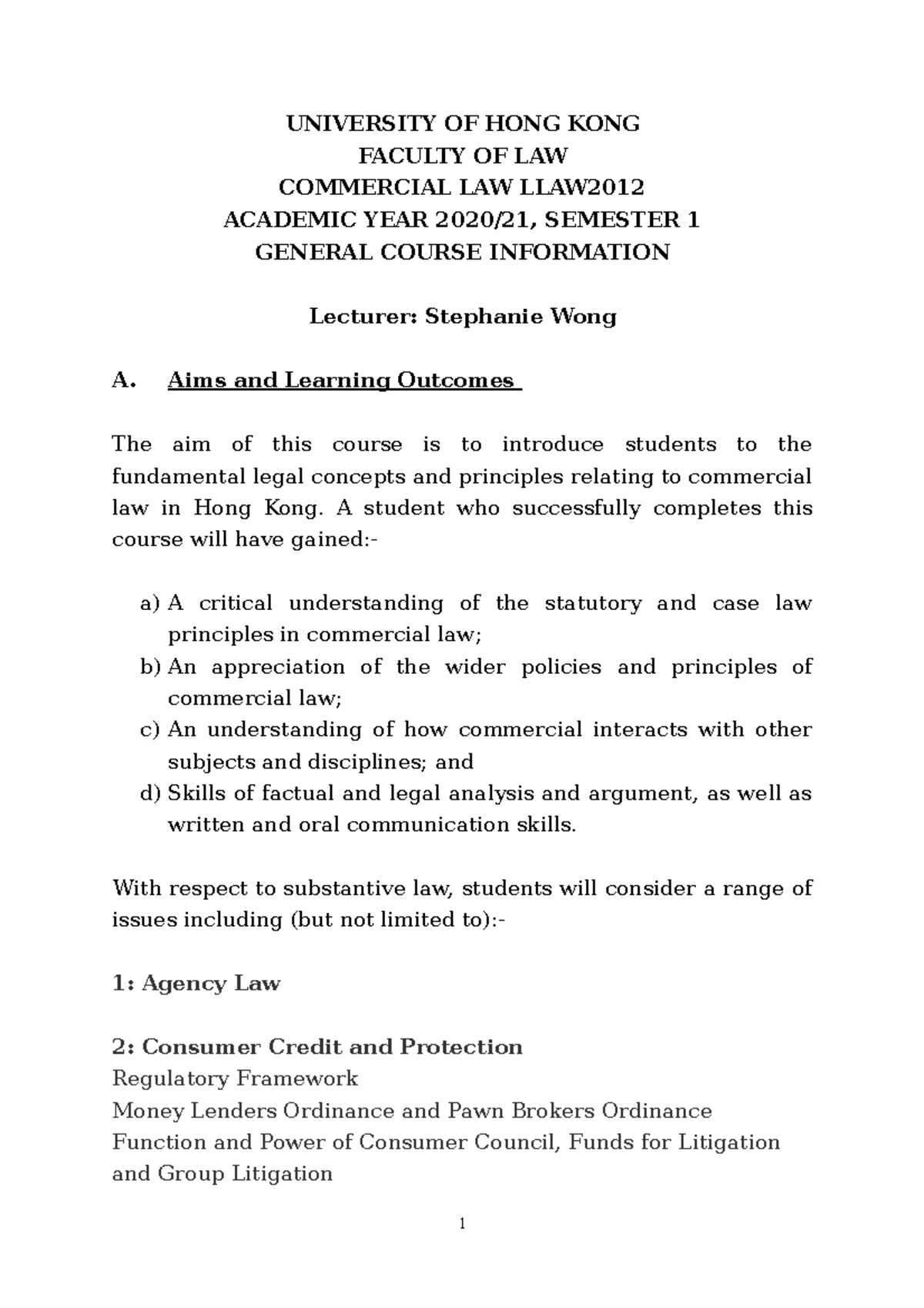Comm law course outline - UNIVERSITY OF HONG KONG FACULTY OF LAW ...
