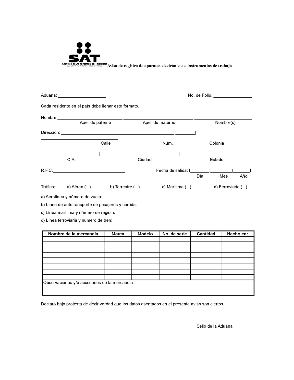 Aviso De Registro De Aparatos Electronicos E Instrumentos De Trabajo Aviso De Registro De