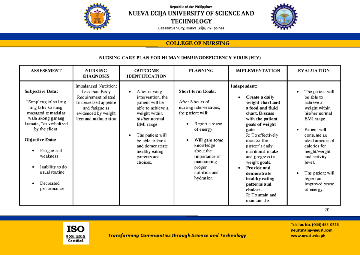 NCP AND Health Teaching - HIV - COLLEGE OF NURSING 20 NUEVA ECIJA ...