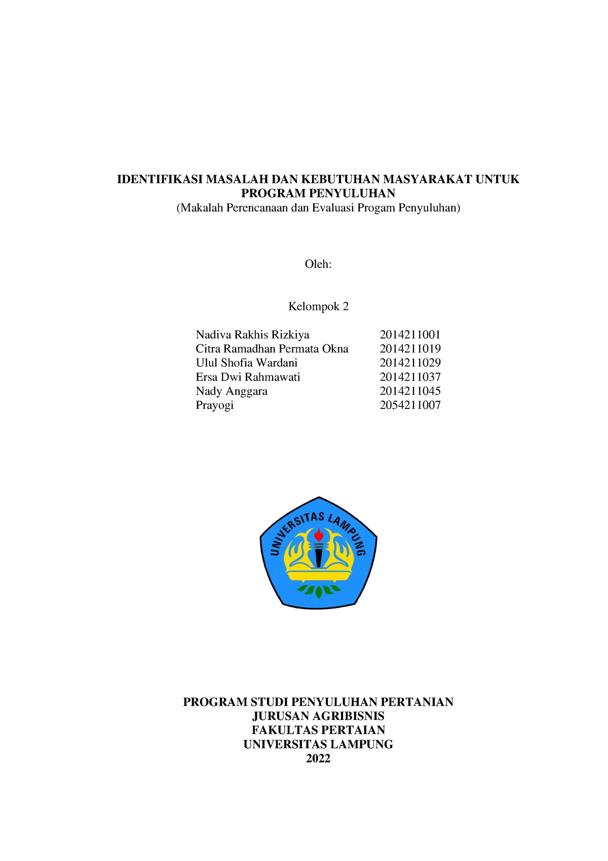 Identifikasi Masalah DAN Kebutuhan Masyarakat Untuk Program Penyuluhan ...