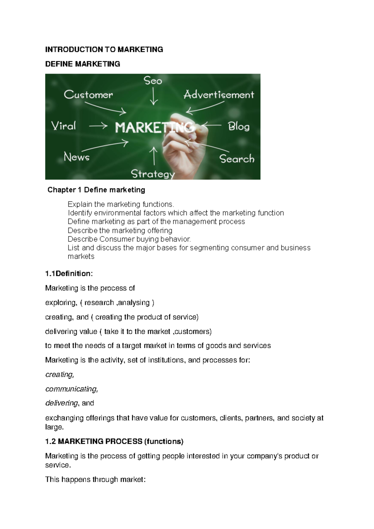 PDF - Fundamentals - INTRODUCTION TO MARKETING DEFINE MARKETING Chapter ...