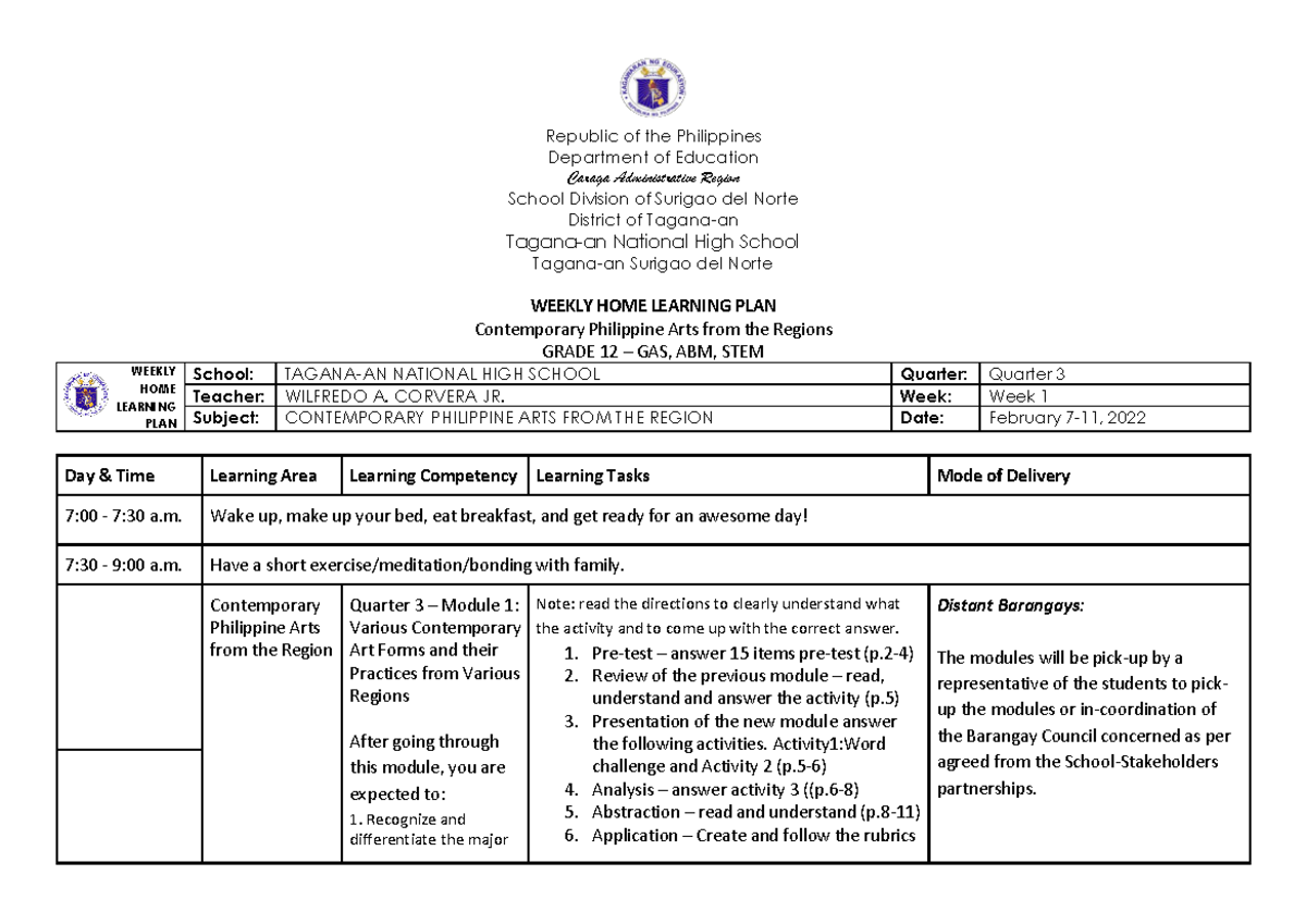 Weekly Home Learning Plan - Republic of the Philippines Department of ...