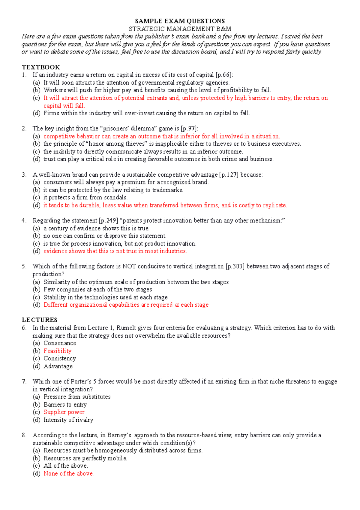 Sample EXAM Questions 2019 - SAMPLE EXAM QUESTIONS STRATEGIC MANAGEMENT ...