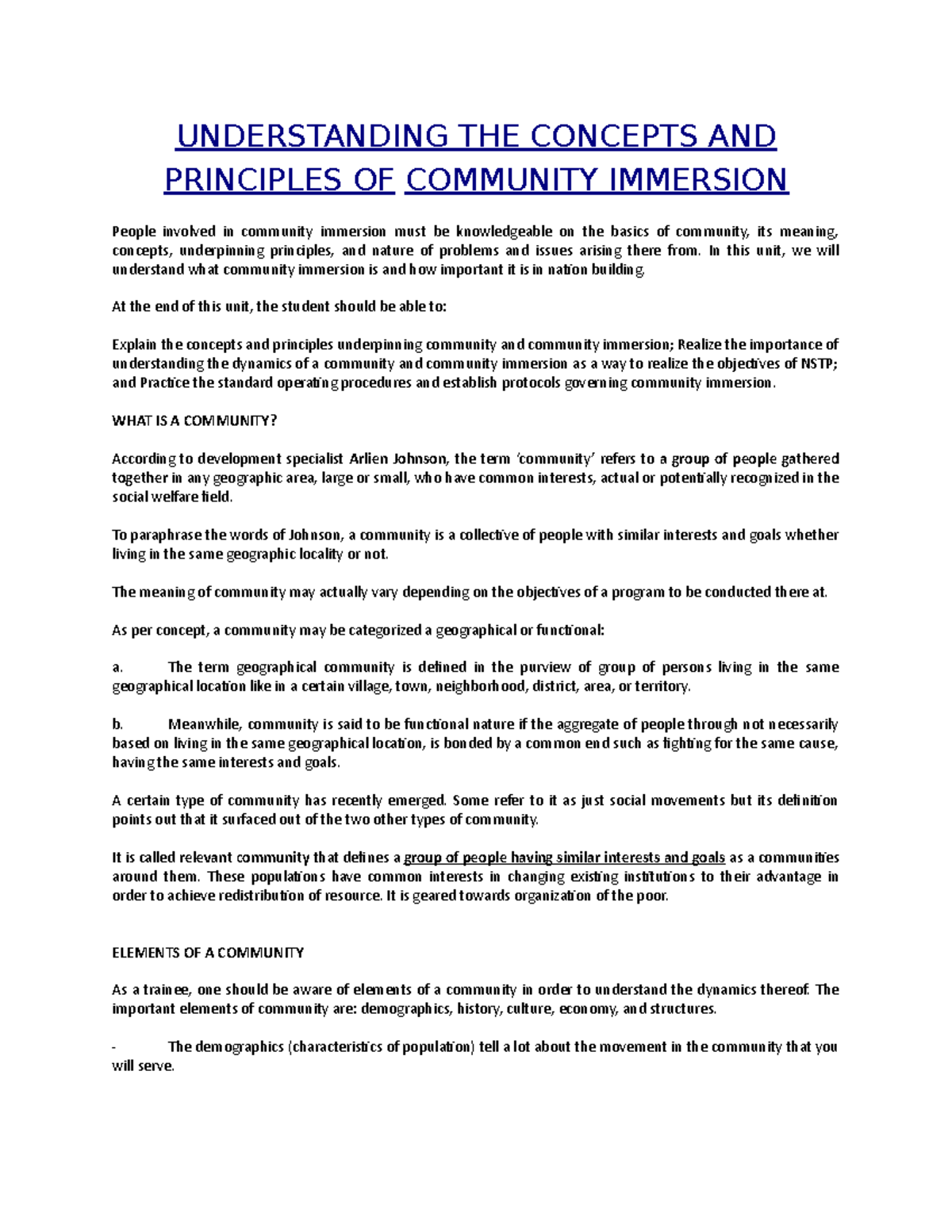 Understanding THE Concepts AND Principles OF Community Immersion