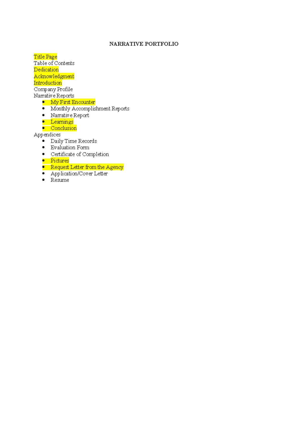 Parts - NARRATIVE PORTFOLIO Title Page Table of Contents Dedication ...