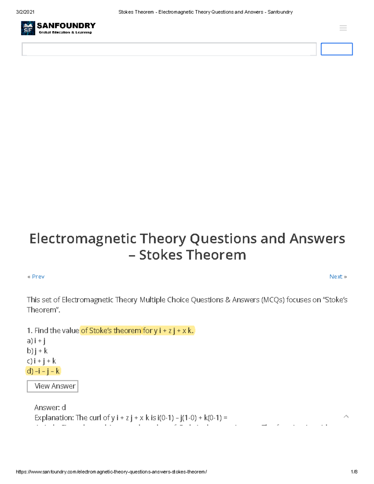 Stokes Theorem - Electromagnetic Theory Questions And Answers ...