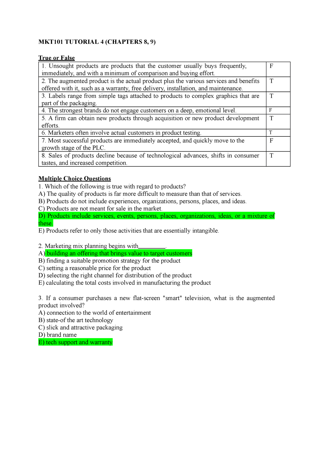 MKT101 Tutorial 4 ( Chaps 8, 9) - MKT101 TUTORIAL 4 (CHAPTERS 8, 9 ...