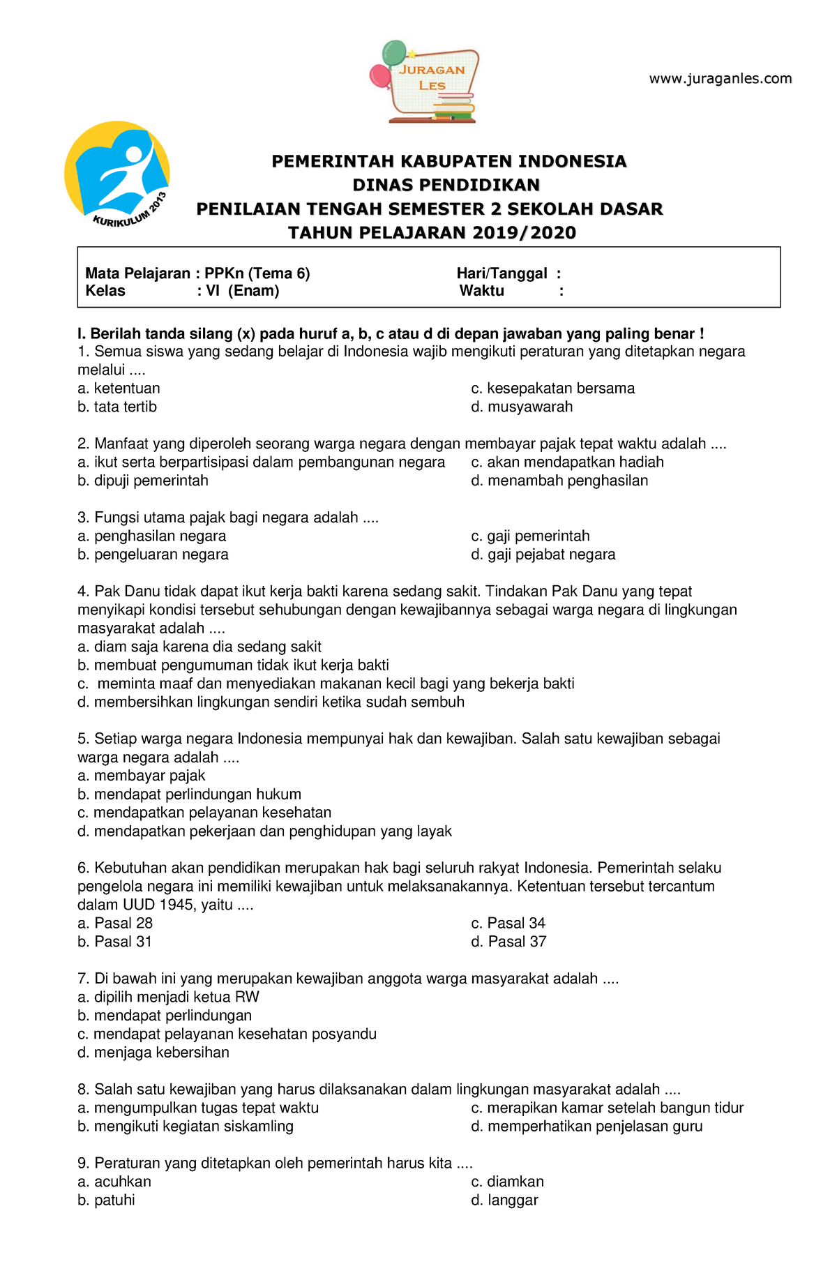 Soal Tematik Kelas 6 Tema 6 Mapel PPKn - PEMERINTAH KABUPATEN INDONESIA ...