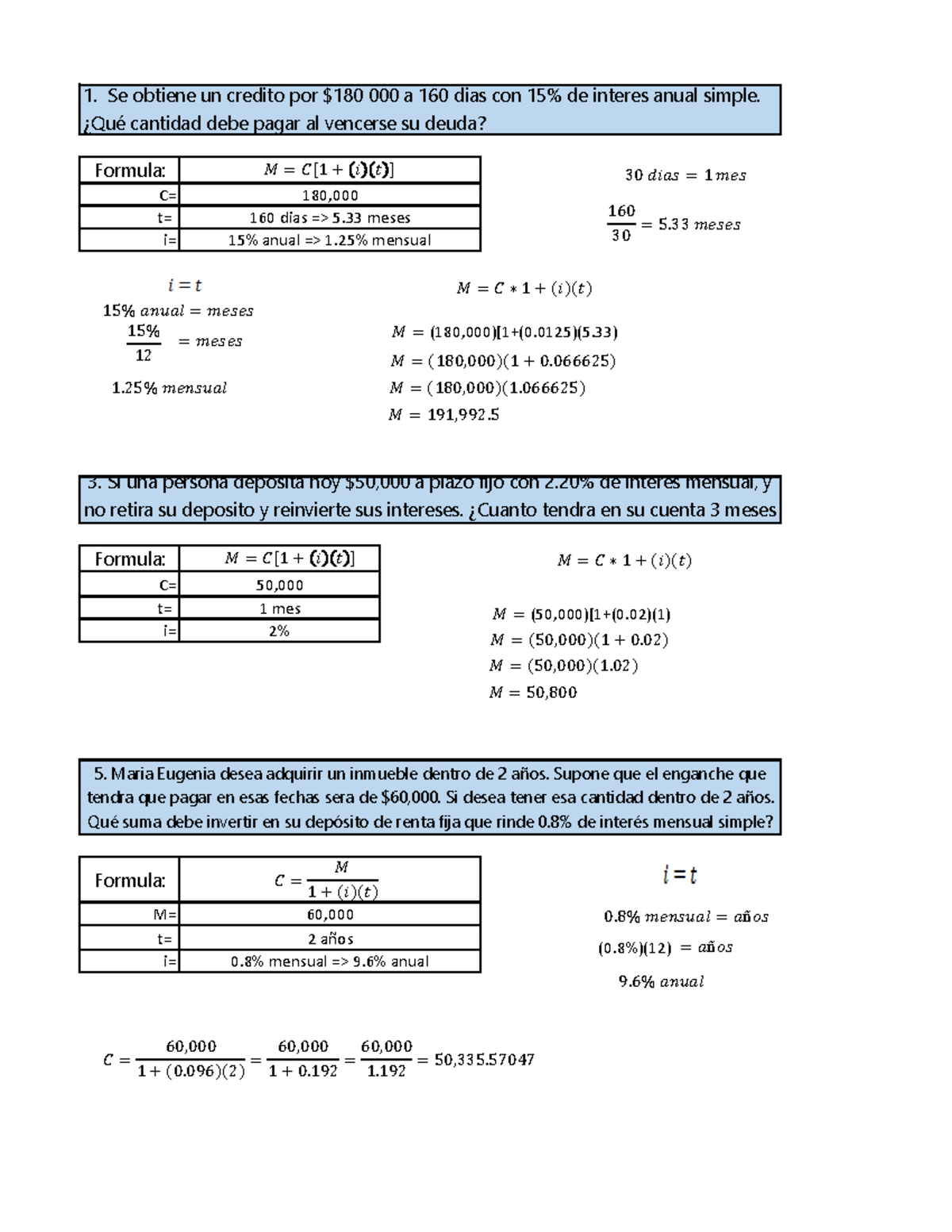 Interes simple ejercicios con explicacion - Formula: C= t= i= Formula ...
