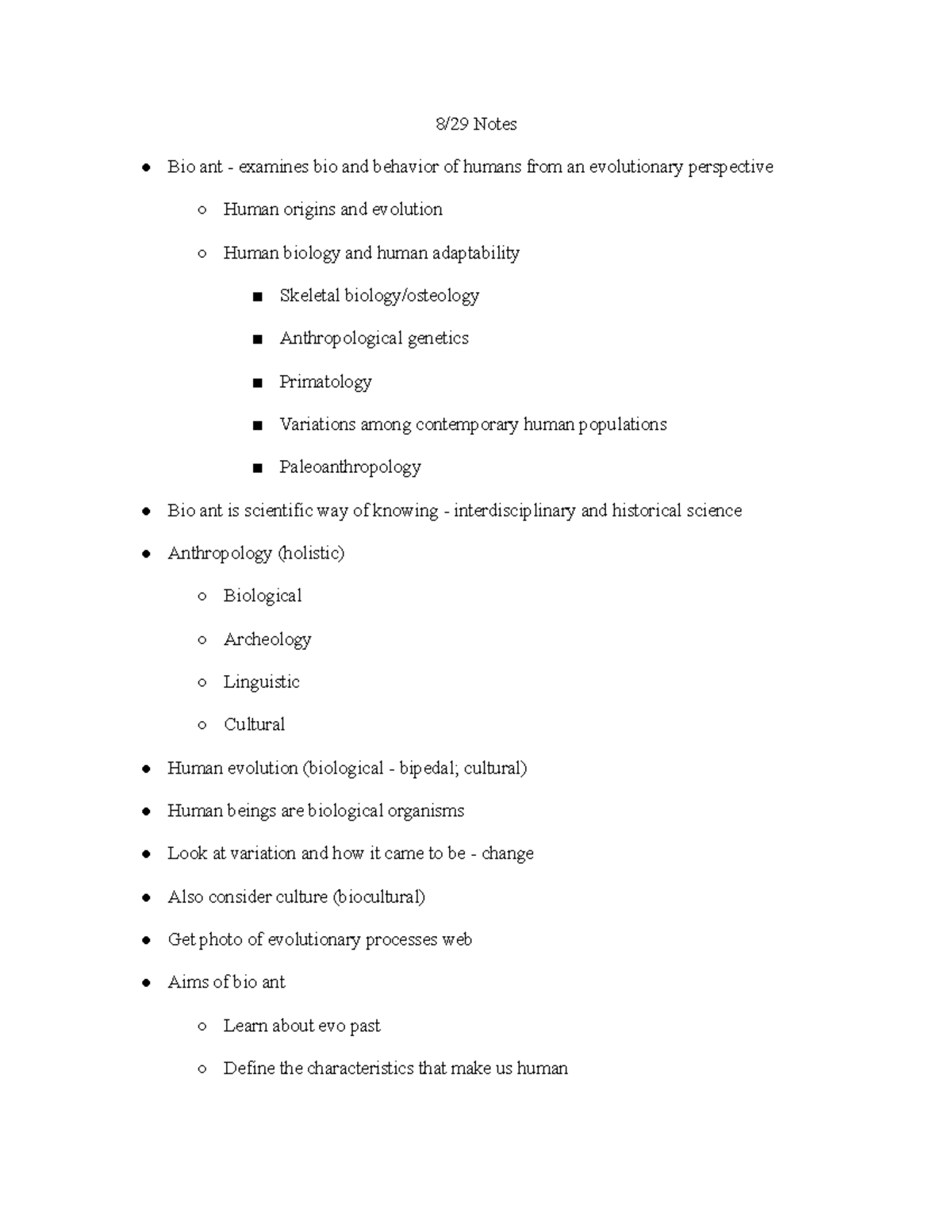 ANT 102 - 8 29 Class Notes - 8/29 Notes Bio Ant - Examines Bio And ...