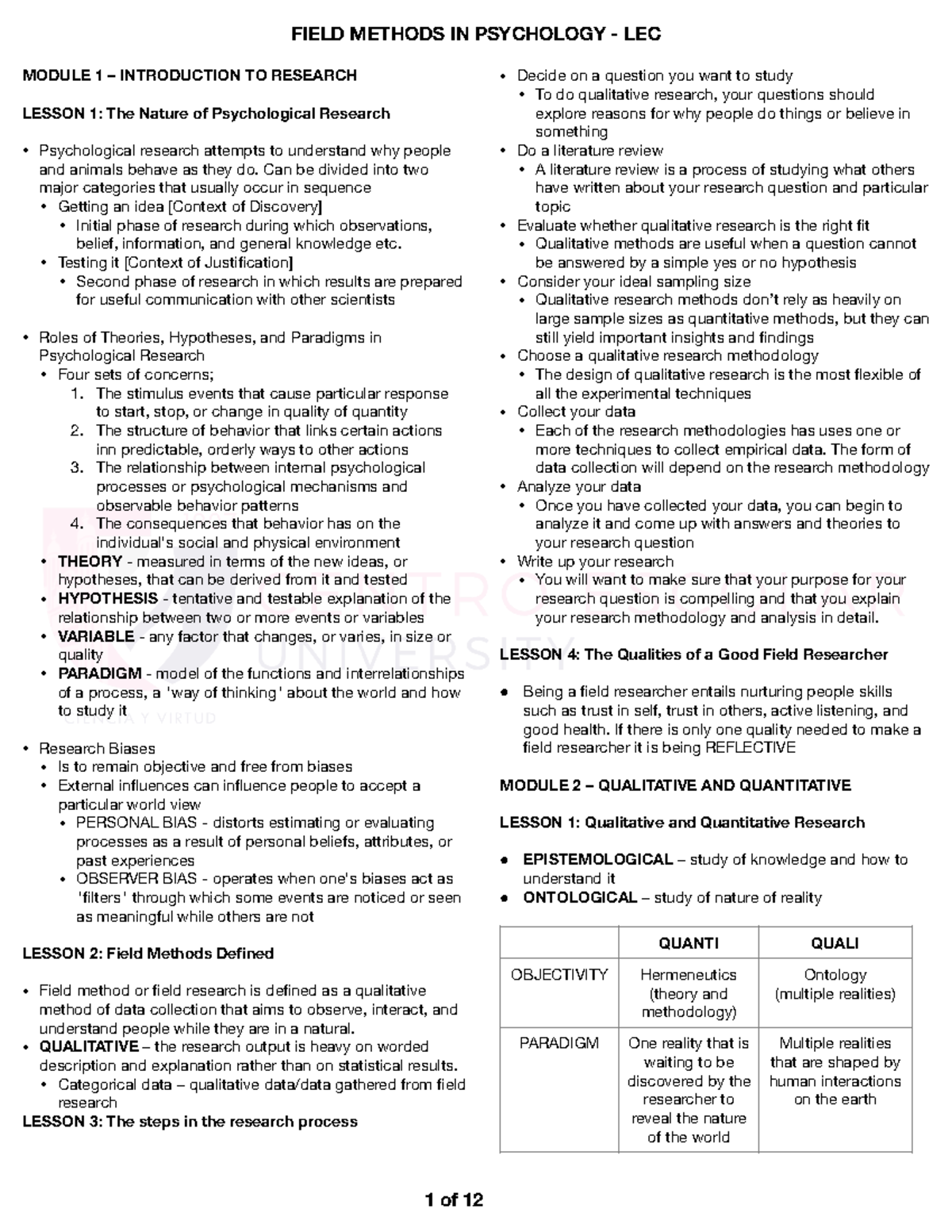 Field Methods LEC - AIFC - BSPSYCH MODULE 1 – INTRODUCTION TO RESEARCH ...