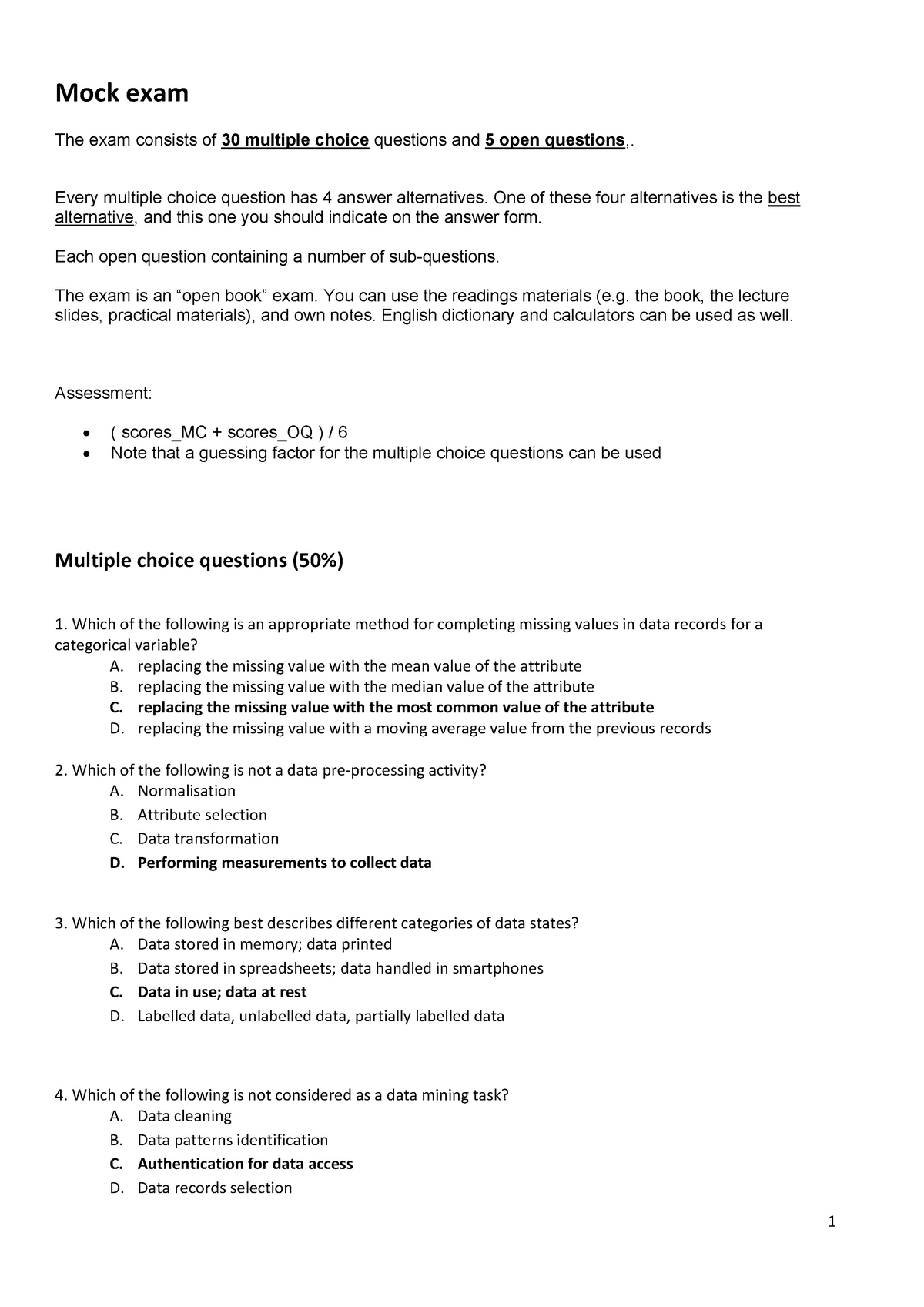 Mock Exam - (with Answers) - Mock Exam The Exam Consists Of 30 Multiple ...