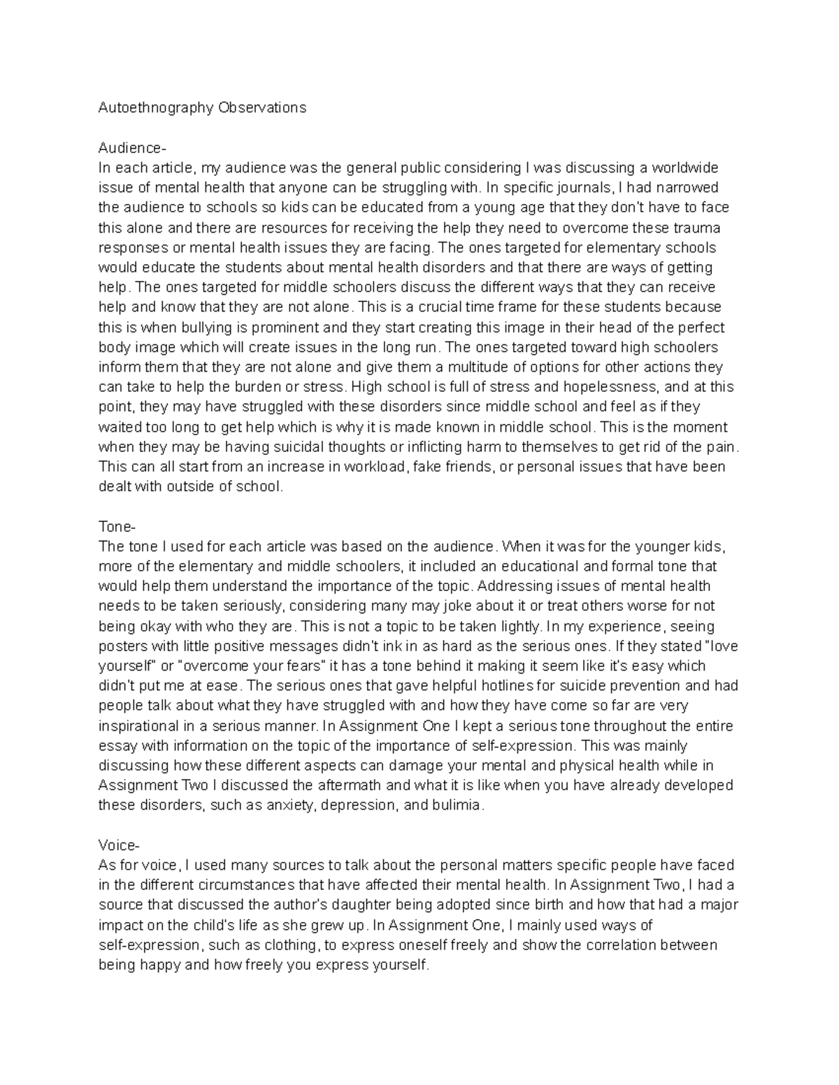 Journal 14 Autoethnography Observations Autoethnography Observations