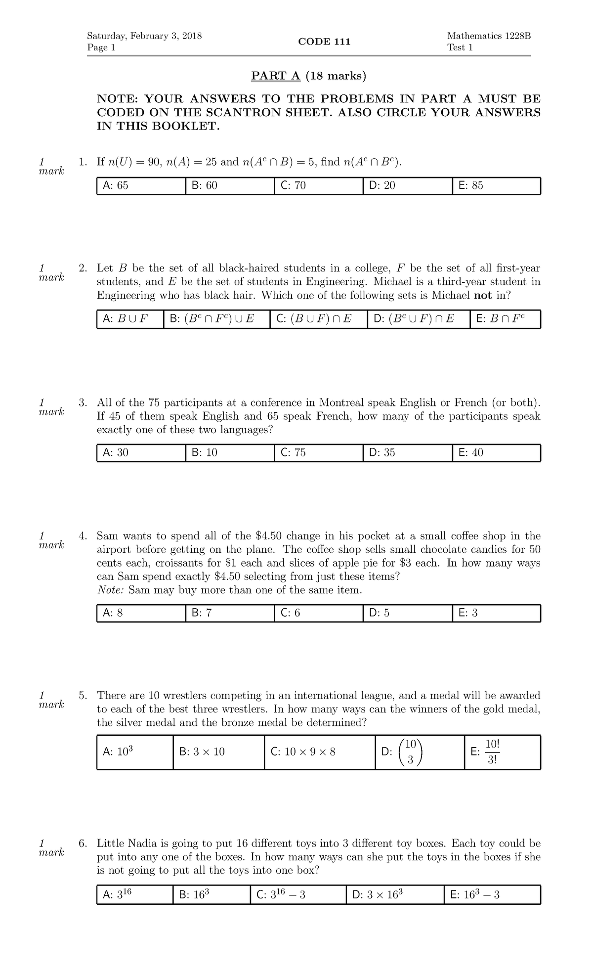 Exam 1 January 2018, questions - Saturday, February 3, 2018 Page 1 CODE ...