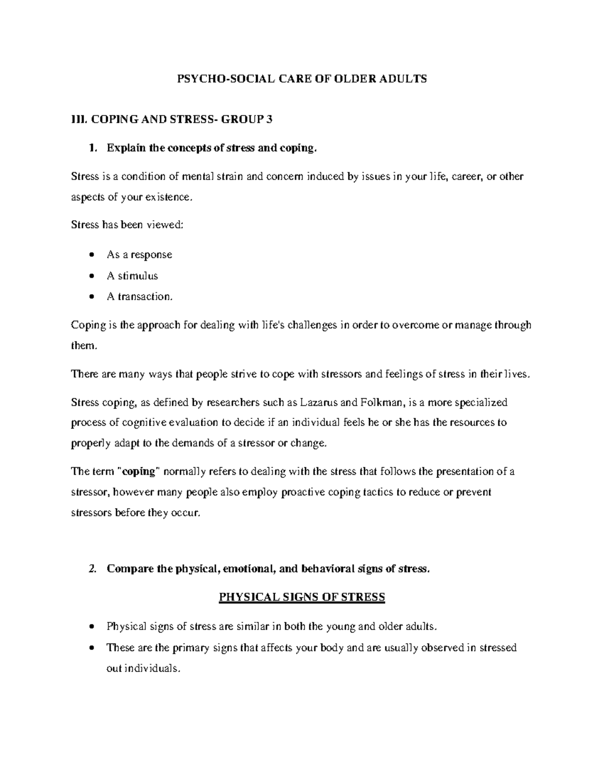 Coping and Stress - PSYCHO-SOCIAL CARE OF OLDER ADULTS III. COPING AND ...