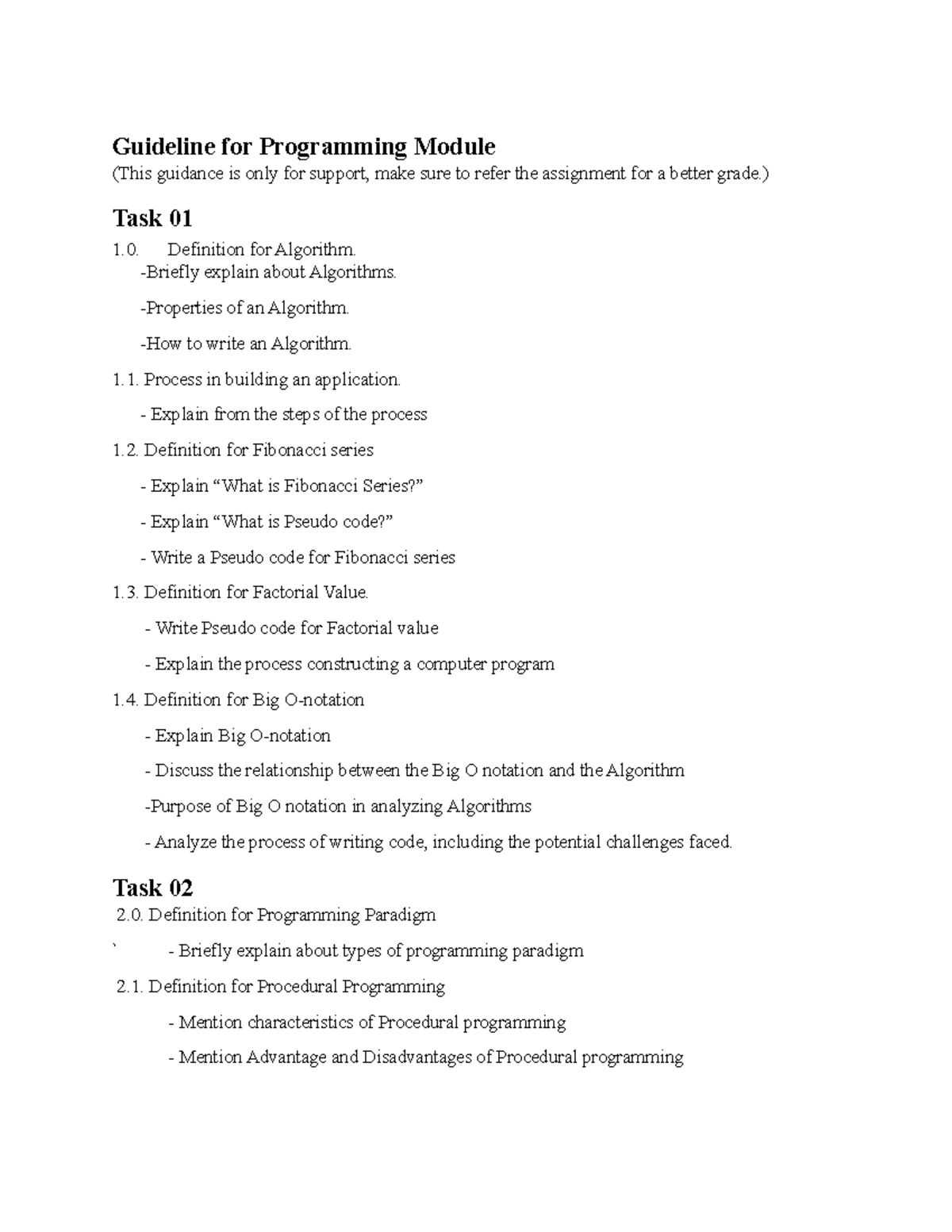 Assignment in semester 01 - Guideline for Programming Module (This ...