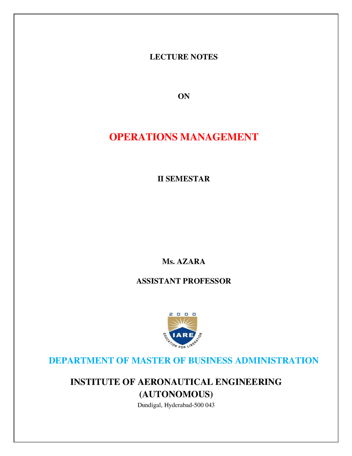 Operation Management Notes - LECTURE NOTES ON OPERATIONS MANAGEMENT II ...