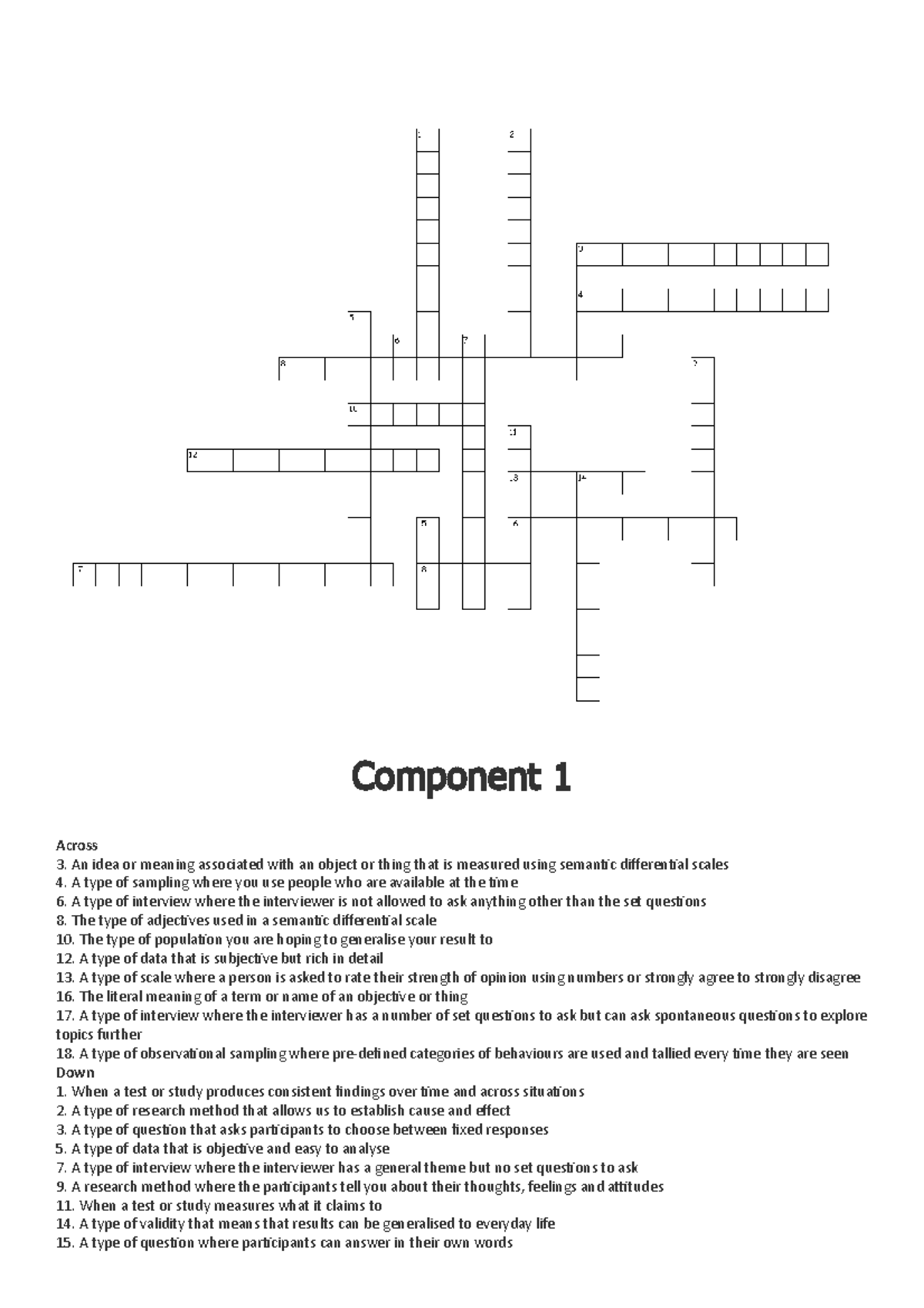 Component 1 Crossword (selfreports) Component 1 Across 3. An idea or
