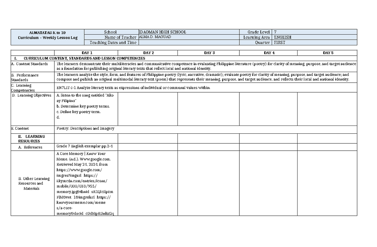Matatag DLL - AUMATATAG K to 10 Curriculum – Weekly Lesson Log School ...