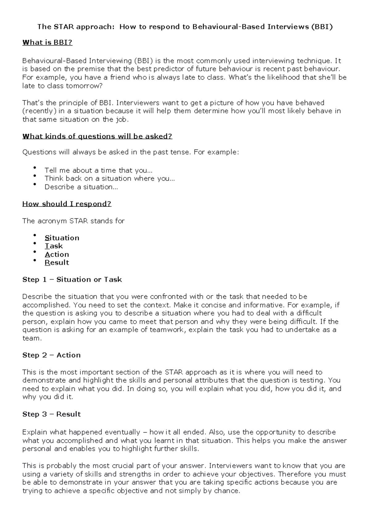 Behavioural Based STAR activity-1 - The STAR approach: How to respond ...