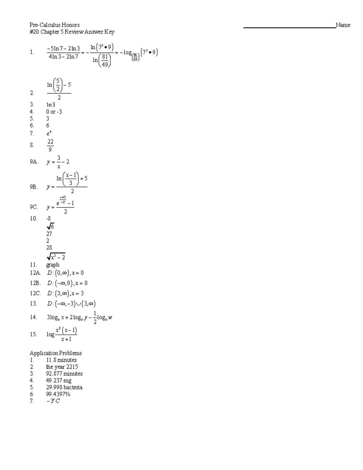  20 Chapter 5 Review Answer Key Pre Calculus Honors Name 20 Chapter 