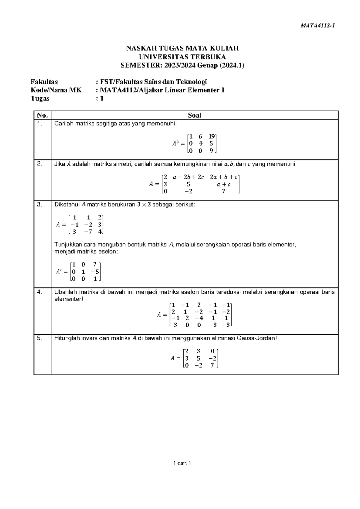 Soal Mata4112 Tmk1 1 - MATA4112- 1 1 Dari 1 NASKAH TUGAS MATA KULIAH ...