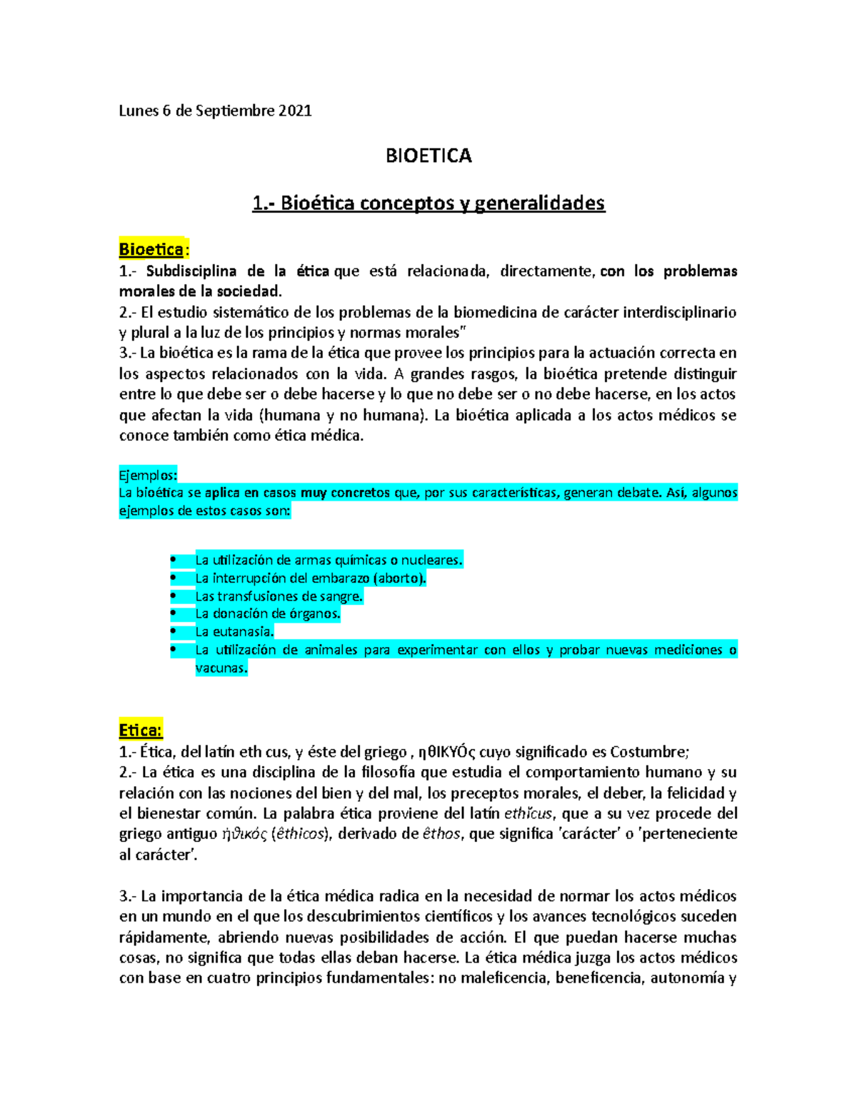 Bioetica Conceptos Y Principios Lunes 6 De Septiembre 2021 BIOETICA 