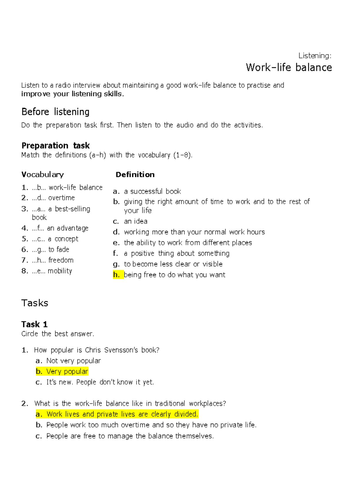Listening activity work-life-balance - Listening: Work–life balance ...