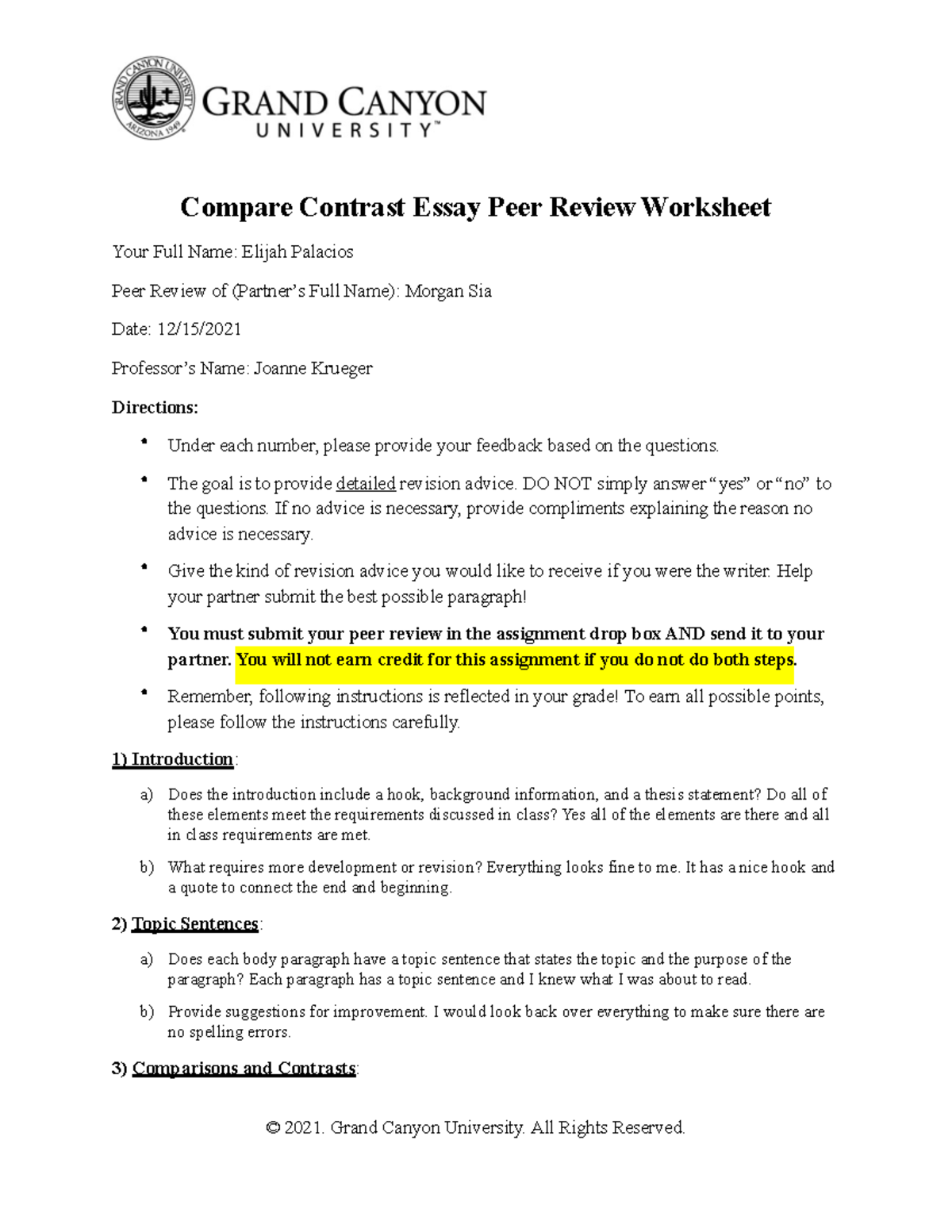 compare contrast essay peer review