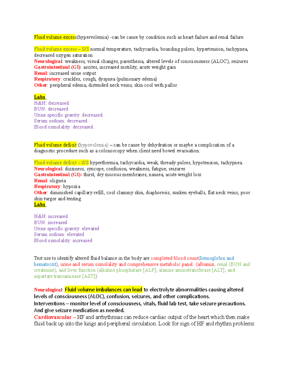 Week One Note Fro Exam 1 - Fluid Volume Excess(hypervolemia) -can Be ...