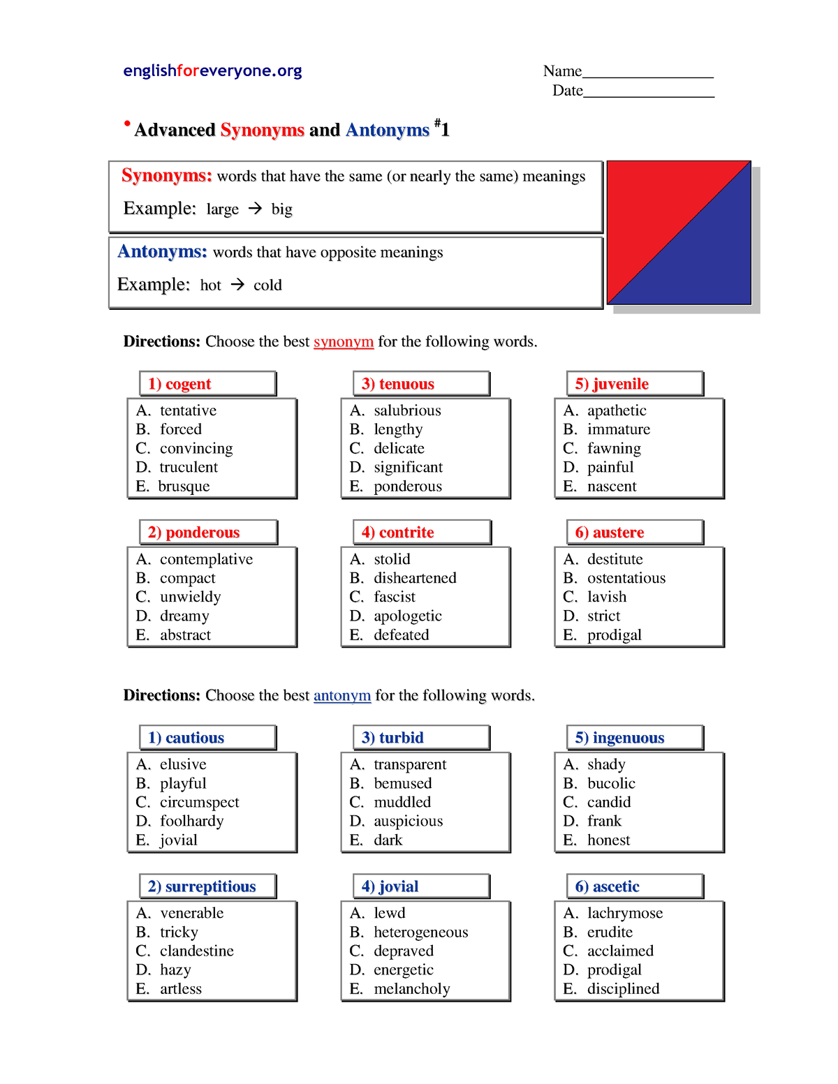 Advanced Synonyms And Antonyms 1 - Englishforeveryone Name ...