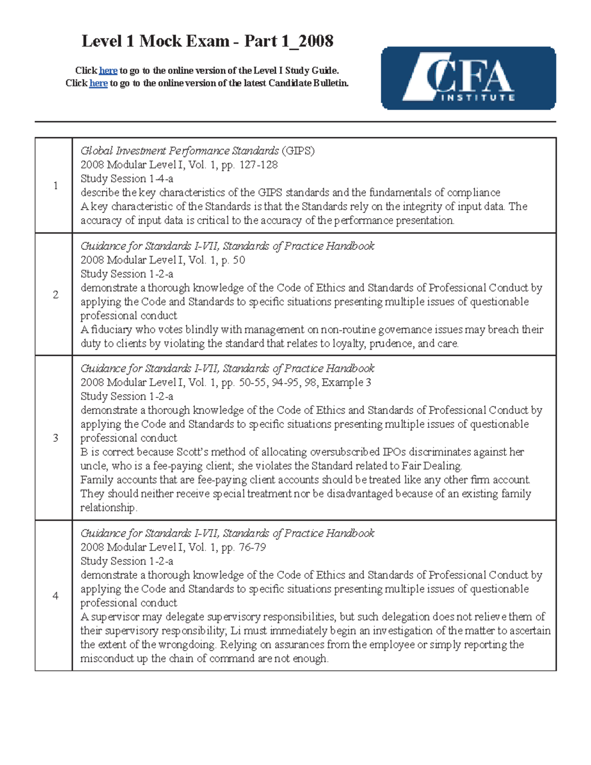 2008 CFA Level 1 Mock Exam Part 1－feedback - Level 1 Mock Exam - Part 1 ...