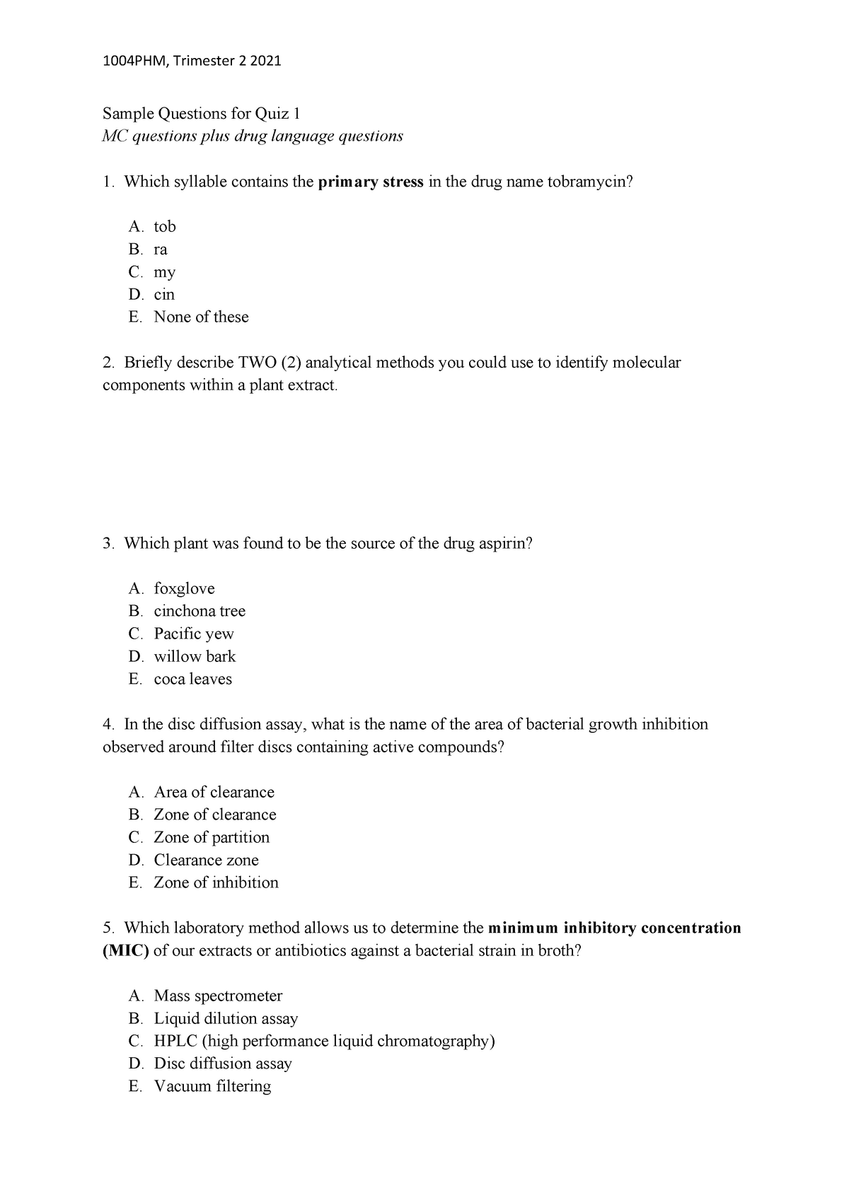 Knowledge Check - Quiz 1 - Sample Questions for Quiz 1 MC questions ...