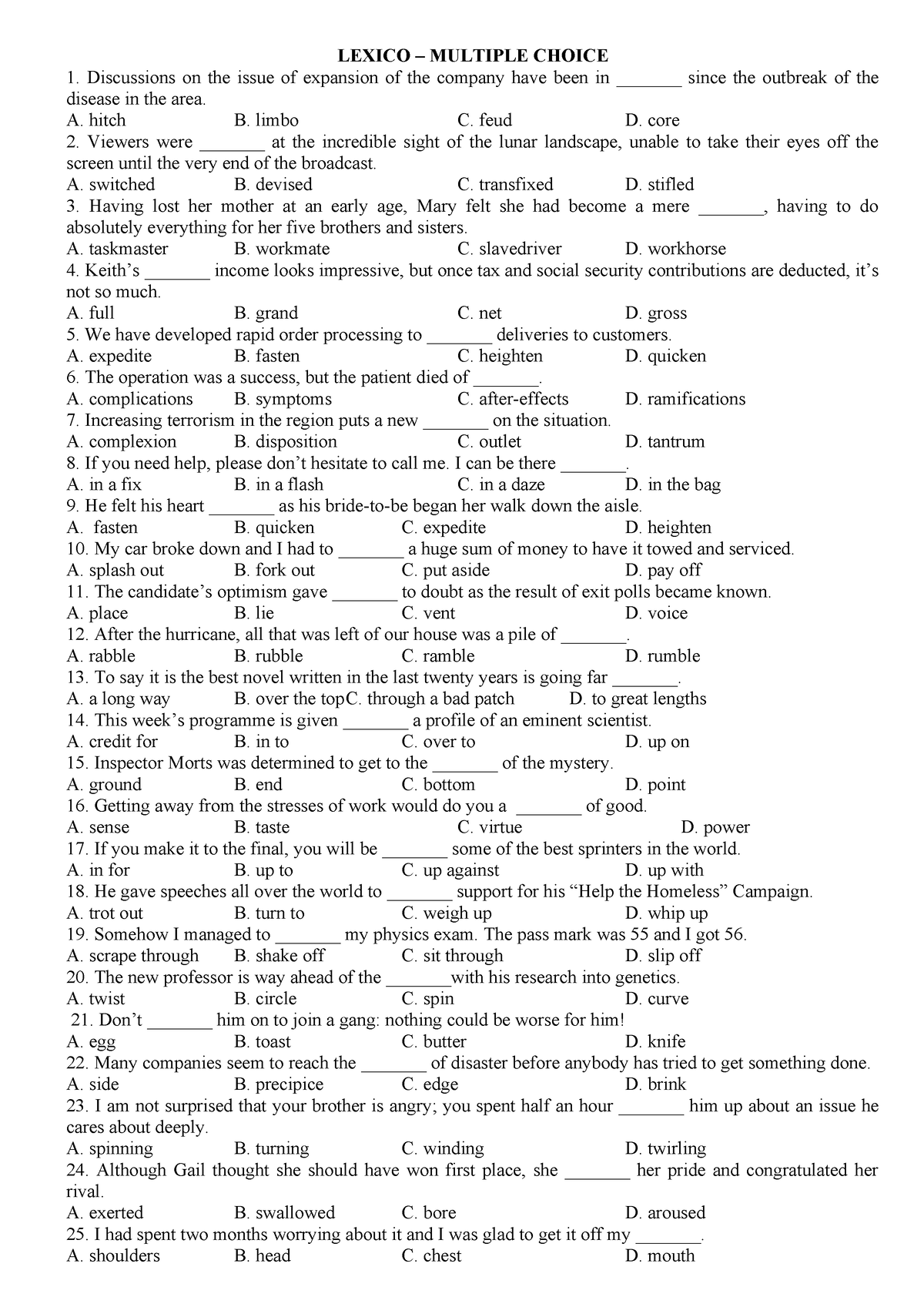 Bai tap Lexico phan II - LEXICO – MULTIPLE CHOICE Discussions on the ...