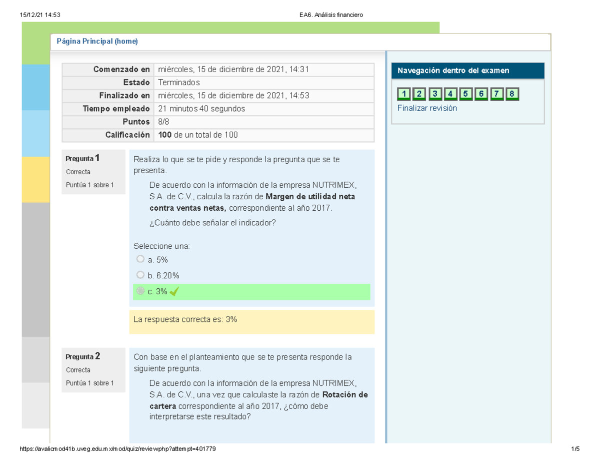 EA6. Análisis Financiero Examen - Página Principal (home) Pregunta 1 ...