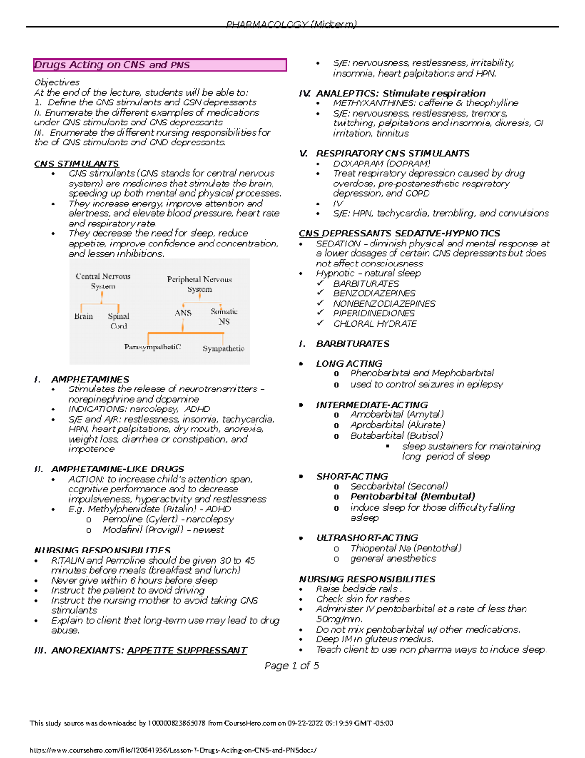 Lesson 7 Drugs Acting On Cns And Pns - Pharmacology (midterm) Drugs 