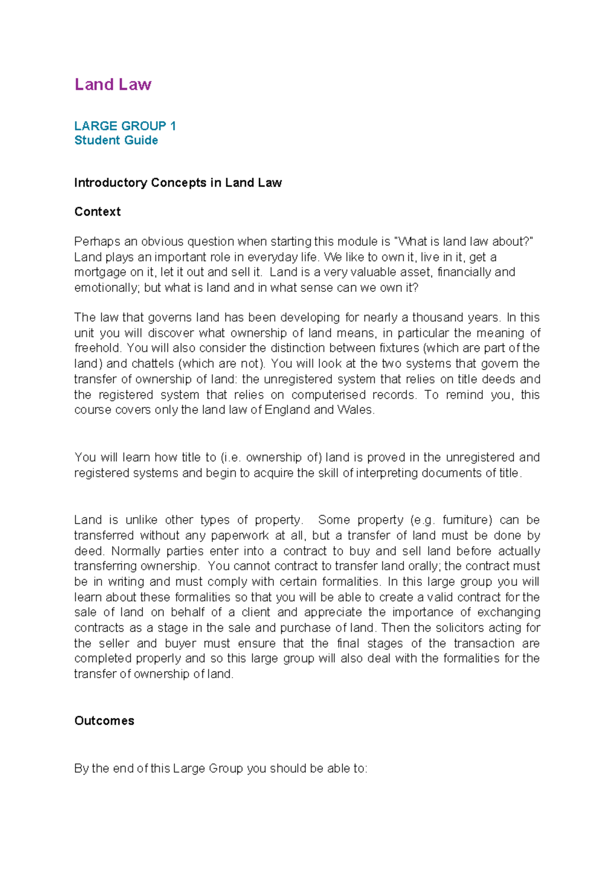 Lecture - Large Group 1 - Land Law LARGE GROUP 1 Student Guide ...