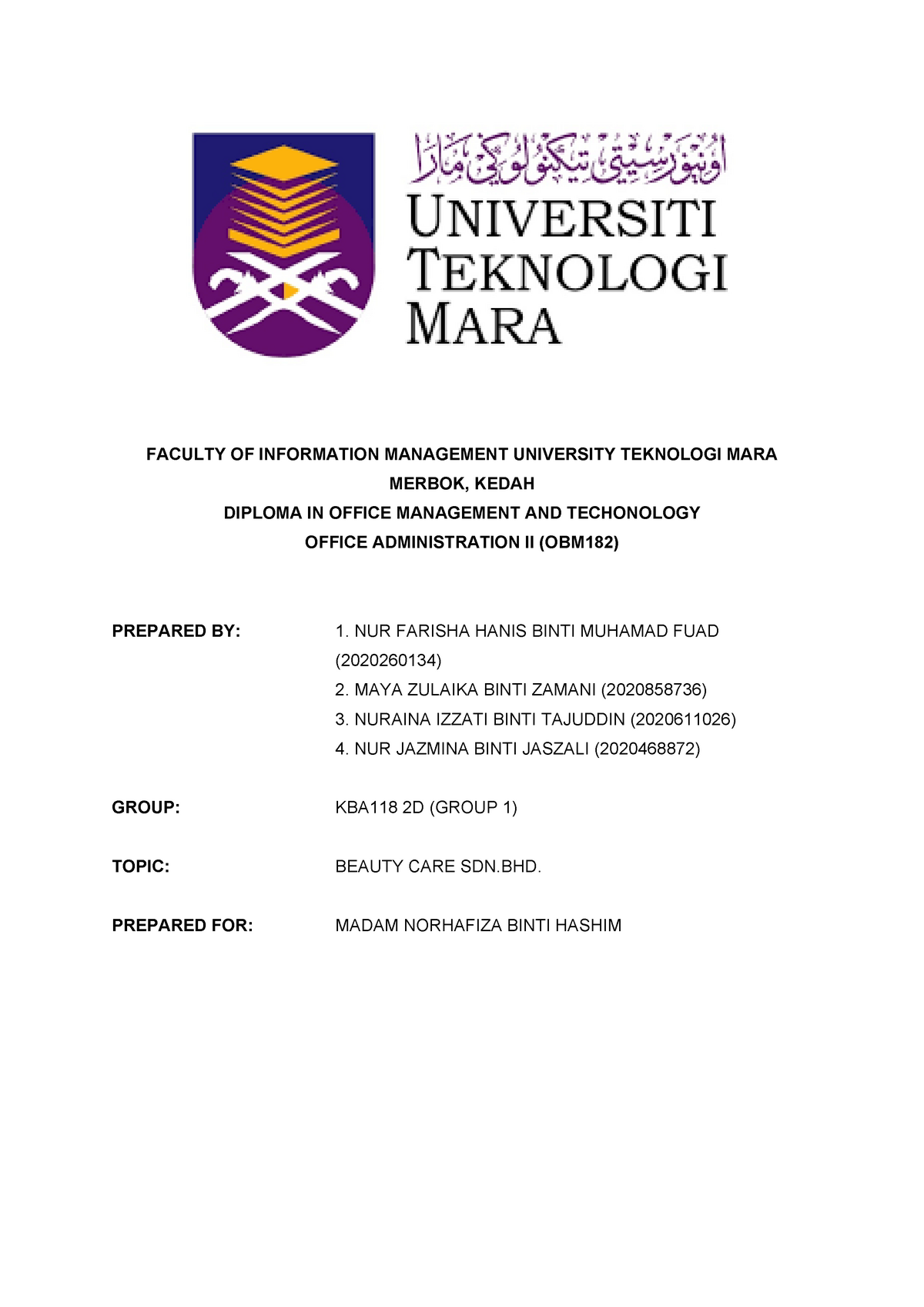 Minutes OF Meeting - Office Adminstration 2 - UiTM - Studocu