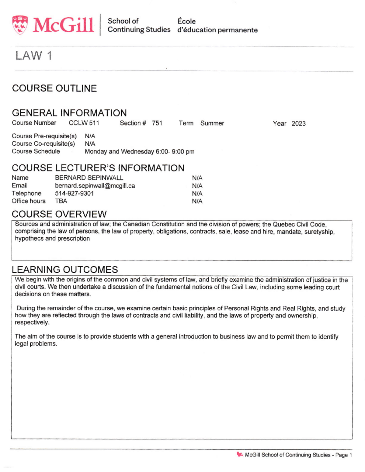 Course Outline CCLW 511 Summer 2023 - WMcGitl Schoolof Ecole Continuing ...