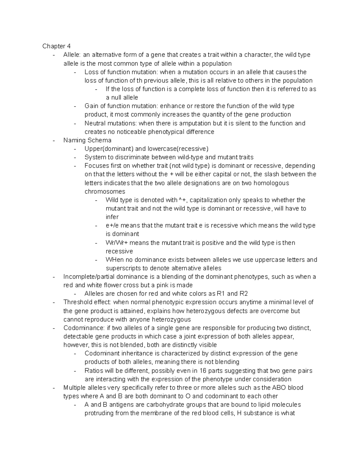 Chapter 4 Notes - Chapter 4 - Allele: an alternative form of a gene ...