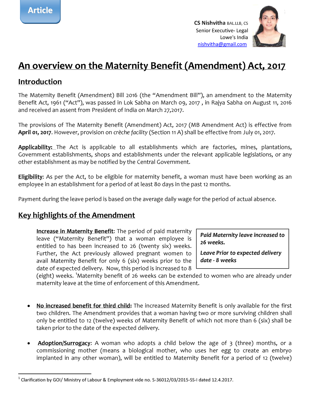 Article On MBA Act, 2017 - An Overview On The Maternity Benefit ...