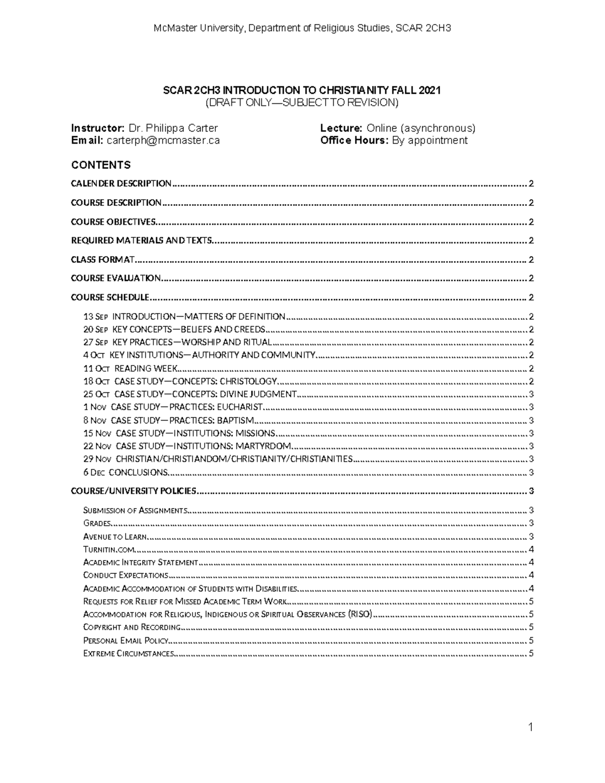 SCAR 2CH3 Fall 2021 - Course Outline - (DRAFT ONLY—SUBJECT TO REVISION ...
