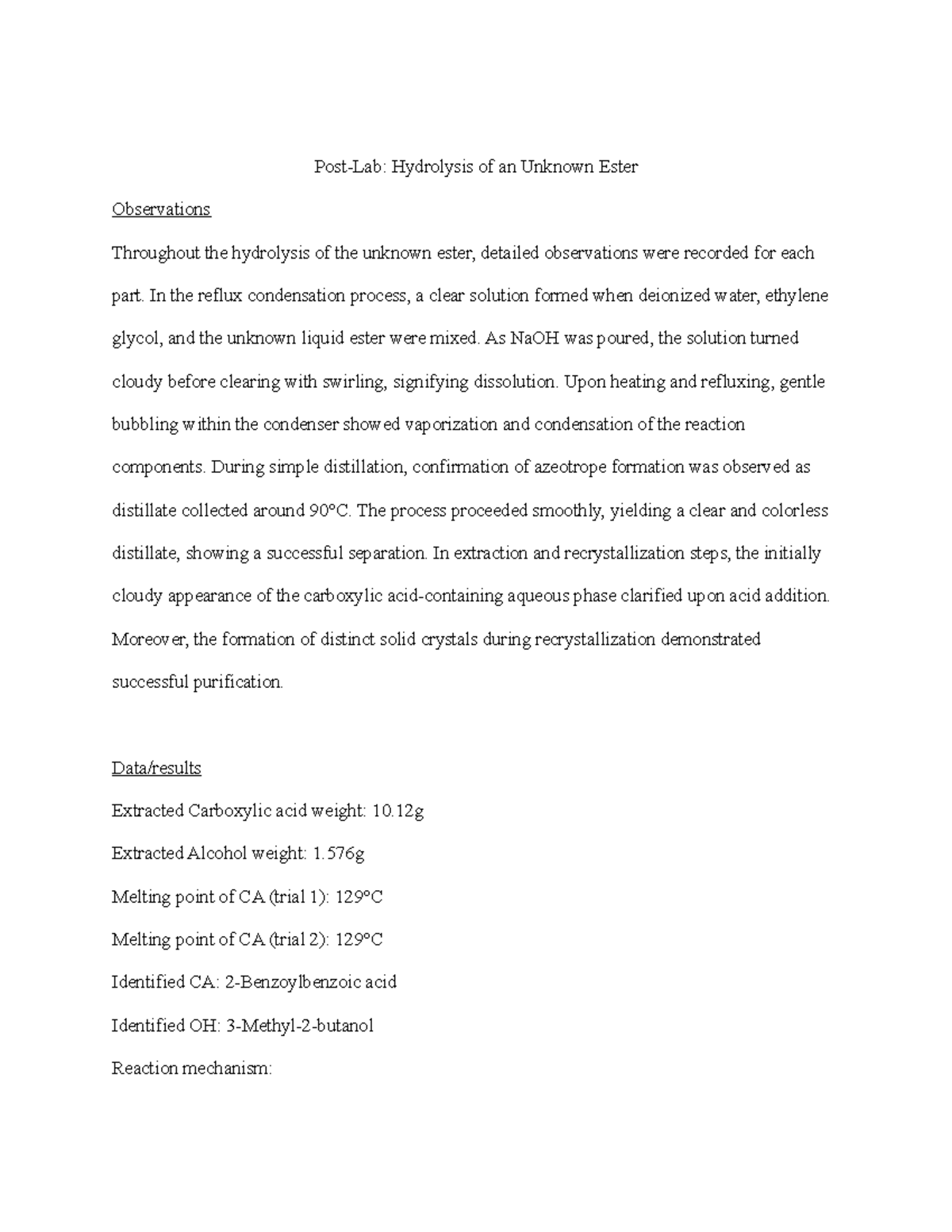 Post-Lab- Hydrolysis of an Unknown Ester - Post-Lab: Hydrolysis of an ...