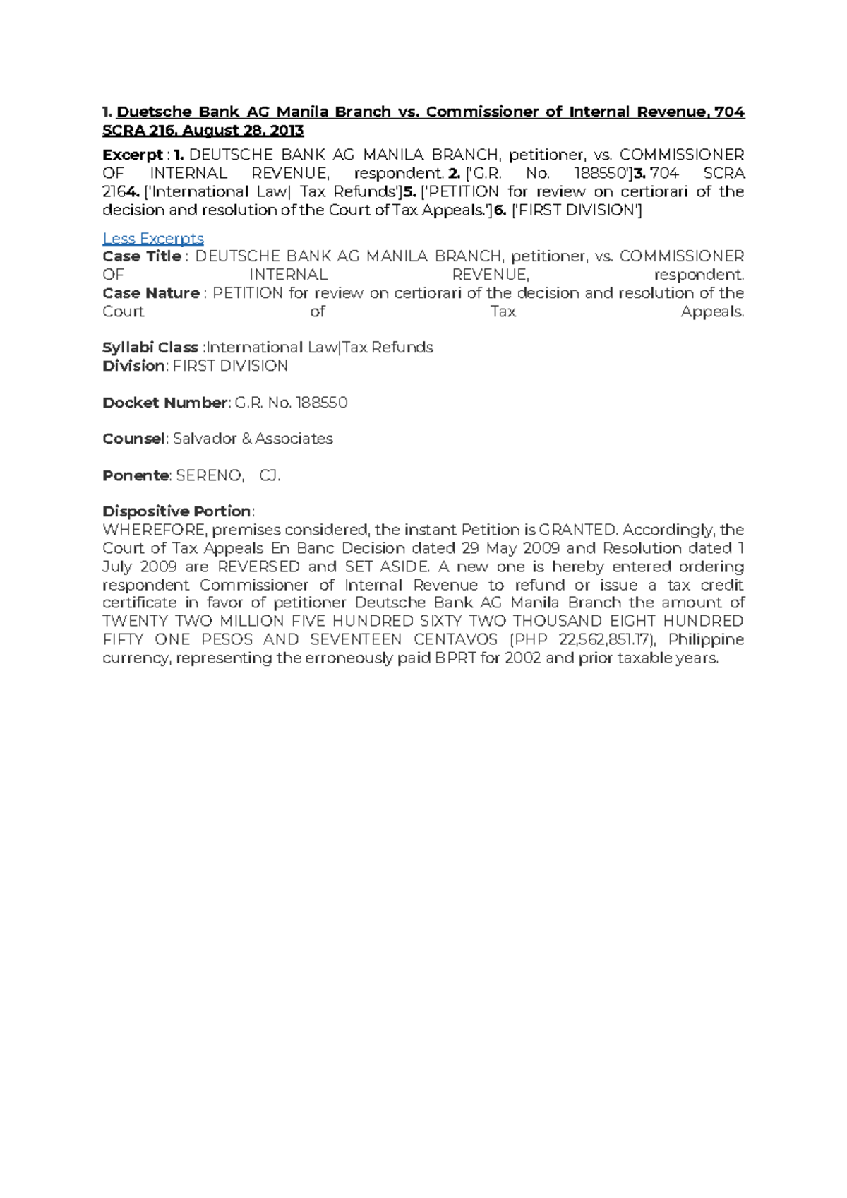 SCRA Deutsche Bank AG Manila Branch v CIR, 704 SCRA 216 (2013 - 1 ...