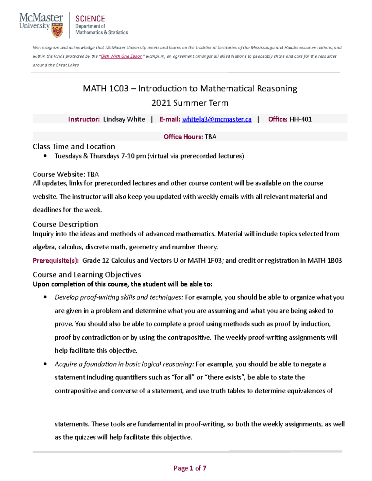 MATH-1C03-SU - course outline - We recognize and acknowledge that ...
